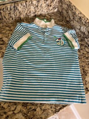 Striped Teal & White boys Golf Polo Shirt with Green Trim